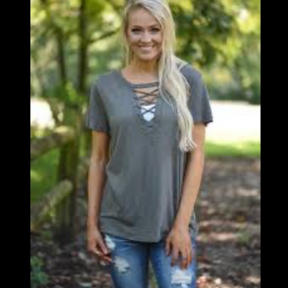 Express • olive lace up tee • small - Picture 7 of 8